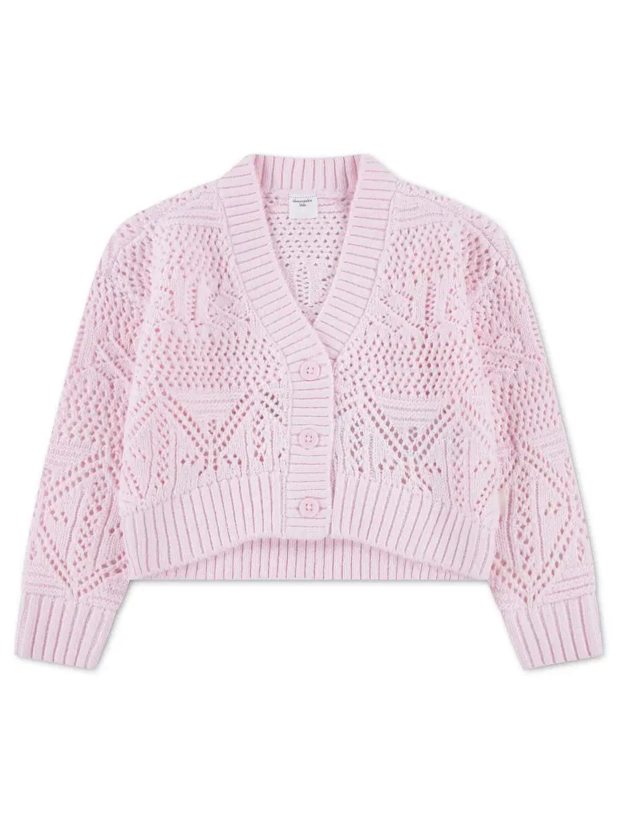 Кардиган с пуговицами и ажурным узором, модель Pointelle Tie-Front abercrombie kids — изображение 1 из 3, светлый розовый