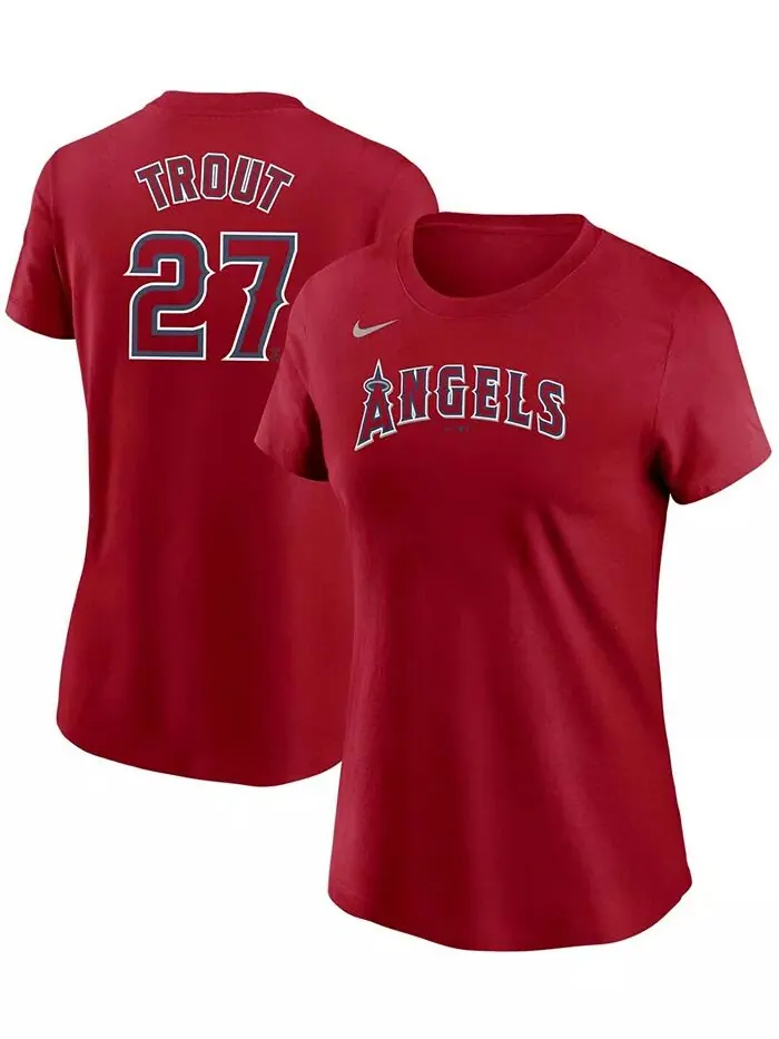 Женская футболка Майка Траута с красным именем и номером Los Angeles Angels Nike — изображение 1 из 3