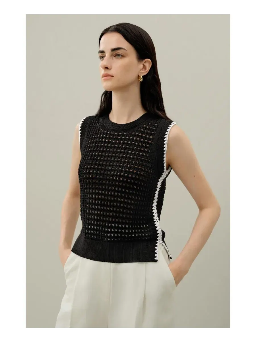 Женский топ без рукавов с контрастной вышивкой ракушек Toscana Pointelle Embroidered Vest LILYSILK — изображение 4 из 5