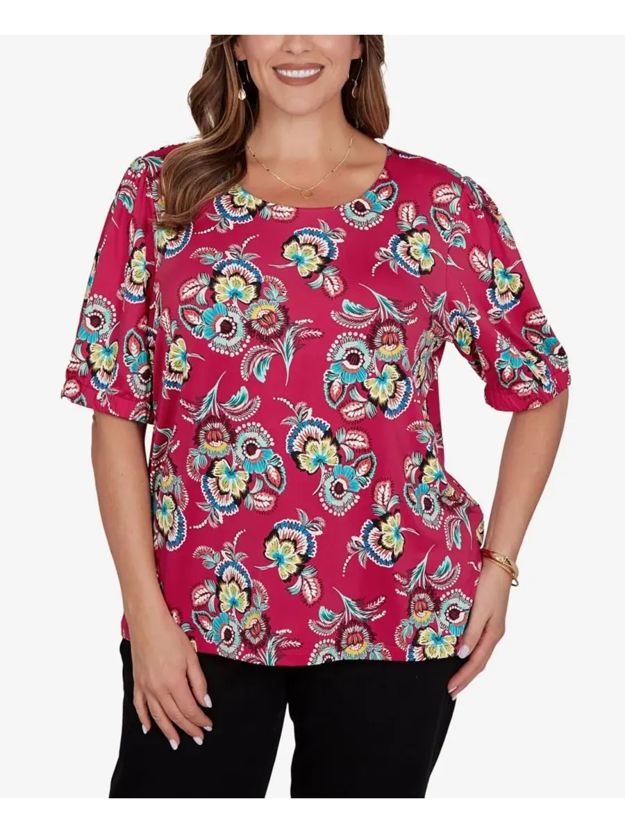 Футболка с объемным цветочным принтом, длиной 69 см, модель Etched Floral Puff Print Ruby Rd.