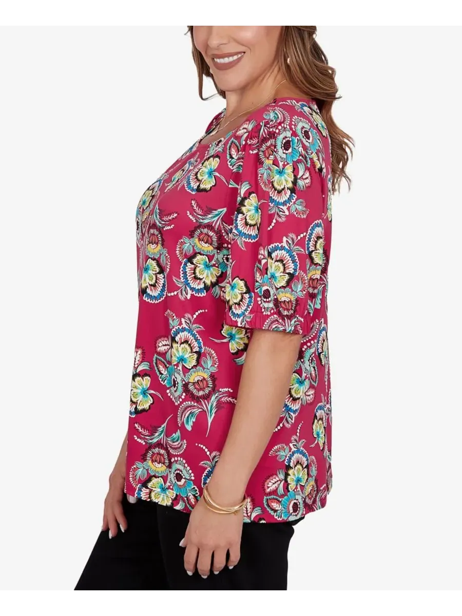 Футболка с объемным цветочным принтом, длиной 69 см, модель Etched Floral Puff Print Ruby Rd. — изображение 3 из 5, мульти