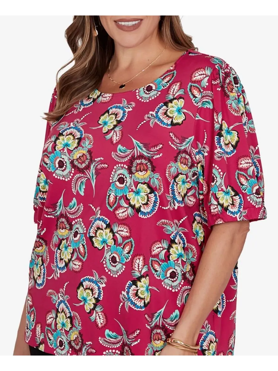 Футболка с объемным цветочным принтом, длиной 69 см, модель Etched Floral Puff Print Ruby Rd. — изображение 4 из 5, мульти