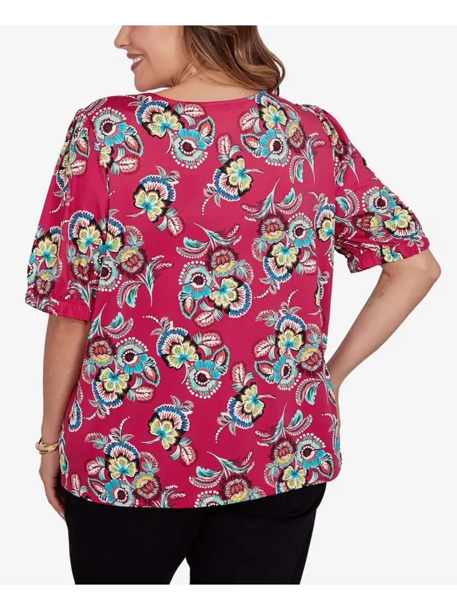 Футболка с объемным цветочным принтом, длиной 69 см, модель Etched Floral Puff Print Ruby Rd. — изображение 5 из 5, мульти