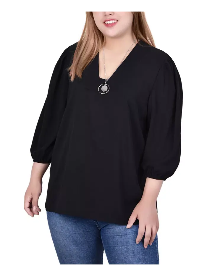 Женская блузка с объемными рукавами 3/4 и съемным ожерельем Plus Size NY Collection — изображение 1 из 3, черный