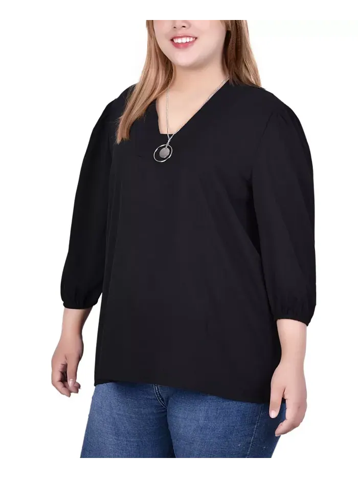 Женская блузка с объемными рукавами 3/4 и съемным ожерельем Plus Size NY Collection — изображение 3 из 3, черный