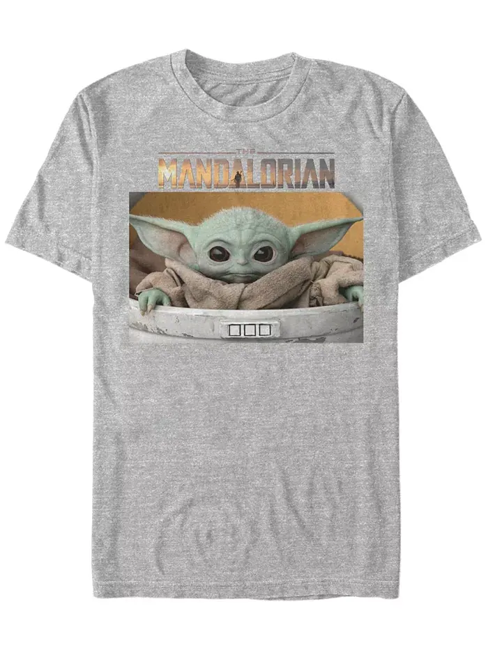 Мужская футболка с коротким рукавом Star Wars The Mandalorian The Child Big Eyes Portrait Logo — изображение 1 из 1, серый