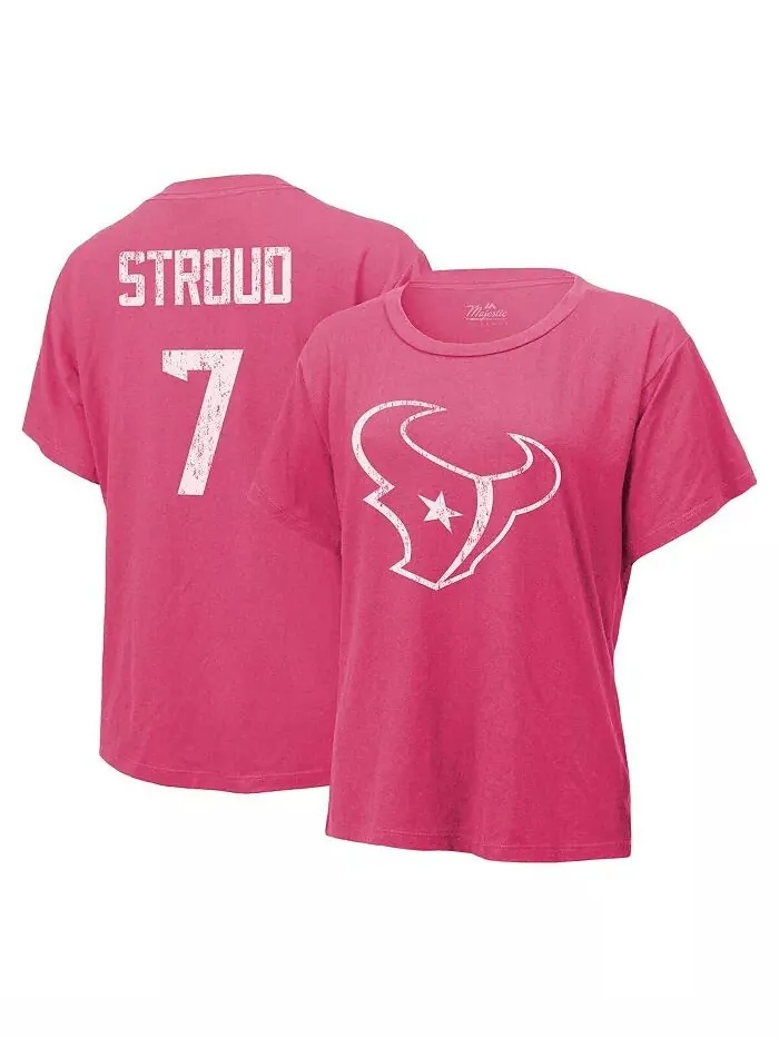 Женская футболка CJ Stroud Pink Distressed с именем и номером команды Houston Texans Majestic — изображение 1 из 3