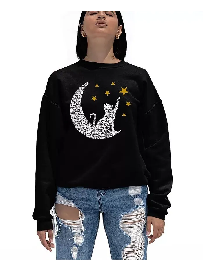 Женский свитшот с круглым вырезом с рисунком Word Art Cat Moon La Pop Art — изображение 1 из 5, черный