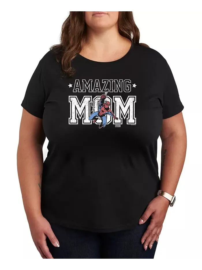 Футболка размера плюс с круглым вырезом и принтом Marvel Spider-Man Amazing Mom Hybrid Apparel — изображение 1 из 3, черный
