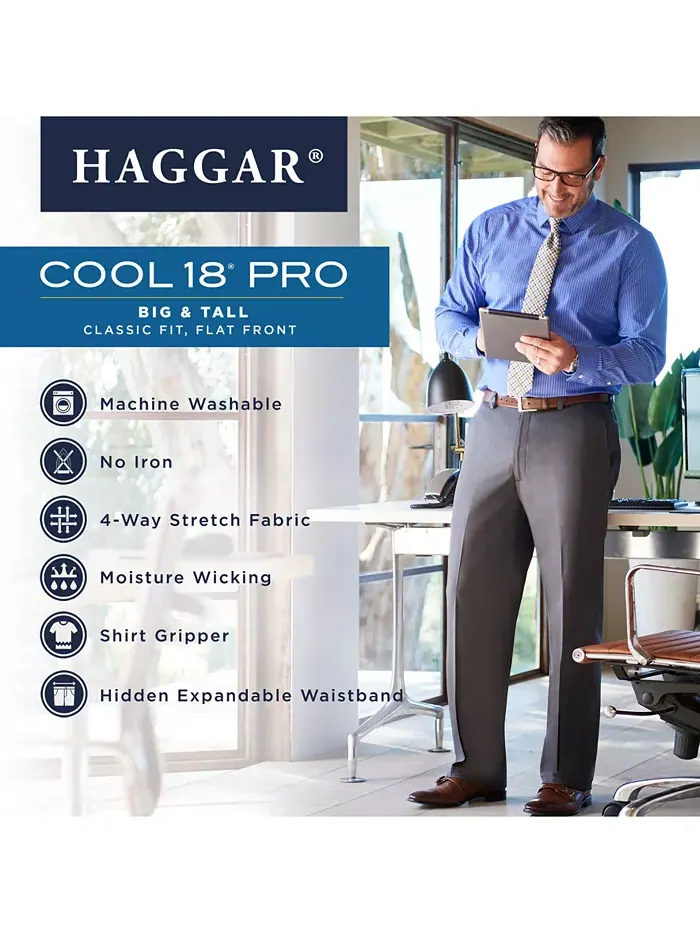 Мужские классические брюки Big & Tall Cool 18 PRO с расширяющейся талией, стретч и плоской передней — 5