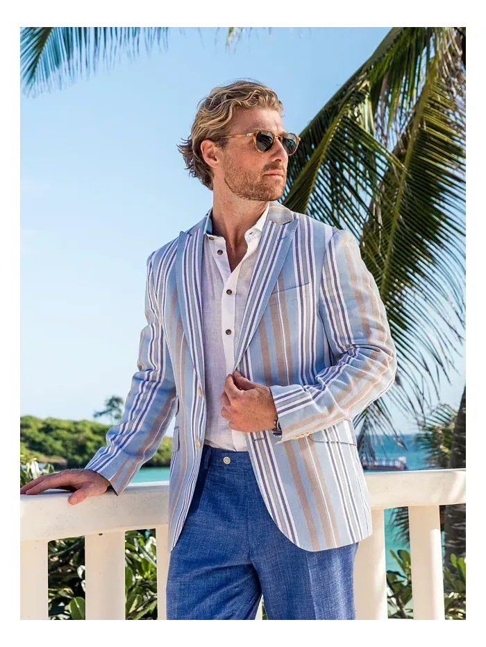 Мужской полосатый пиджак из хлопка кикой Kikoy Koy Clothing — изображение 6 из 8, синий/бежевый