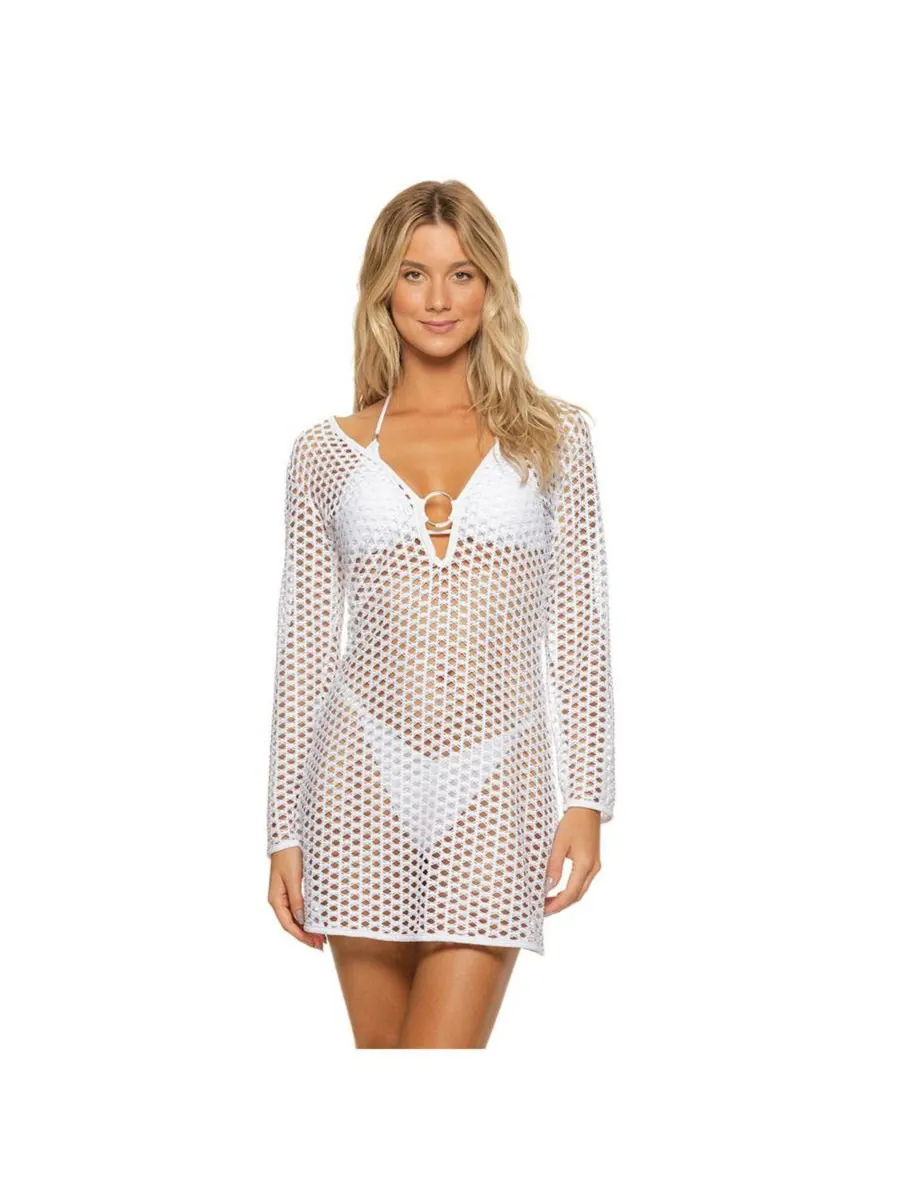 Женская туника-накидка с V-образным вырезом и решетчатым узором Guria Beachwear — изображение 3 из 3, белый