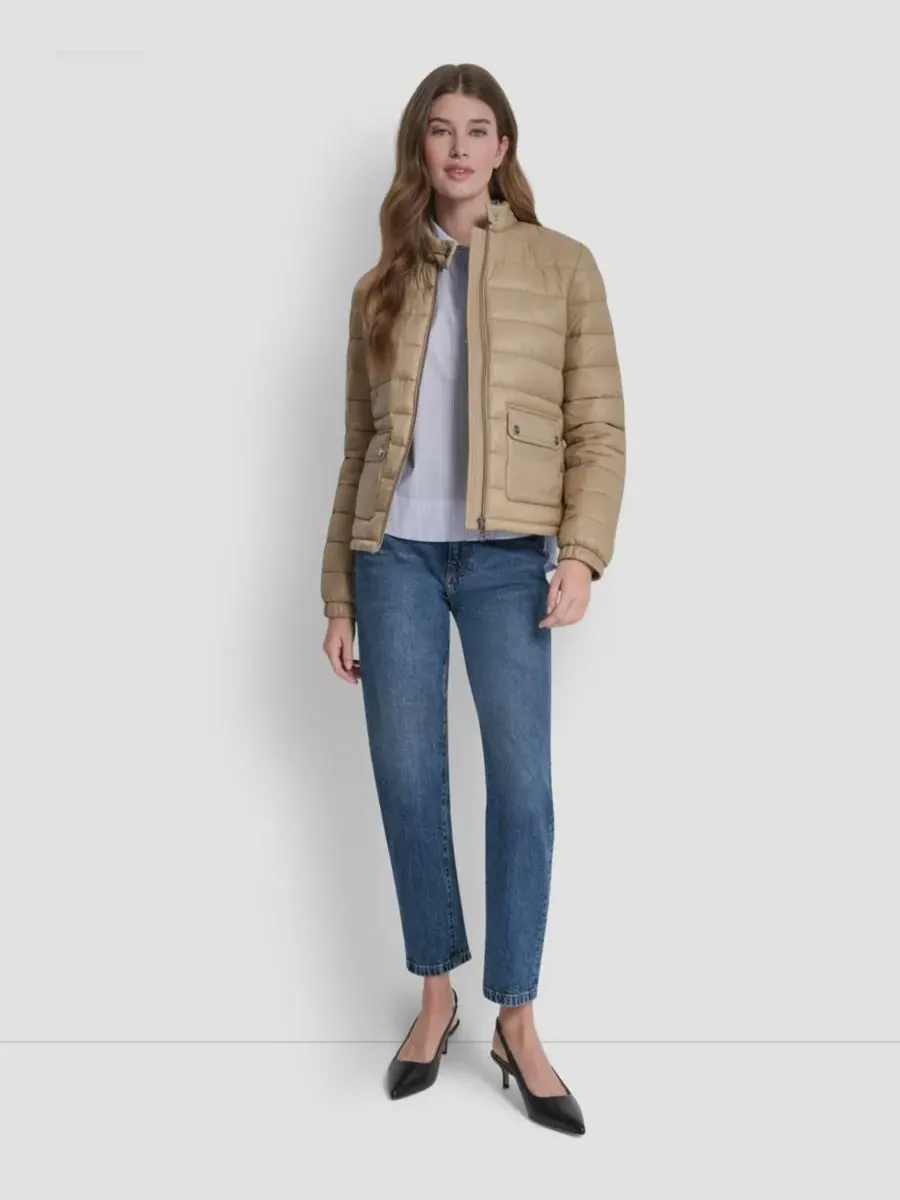 Женское короткое пальто с карманным воротником в стиле мотоциклиста DKNY — изображение 2 из 6, хаки