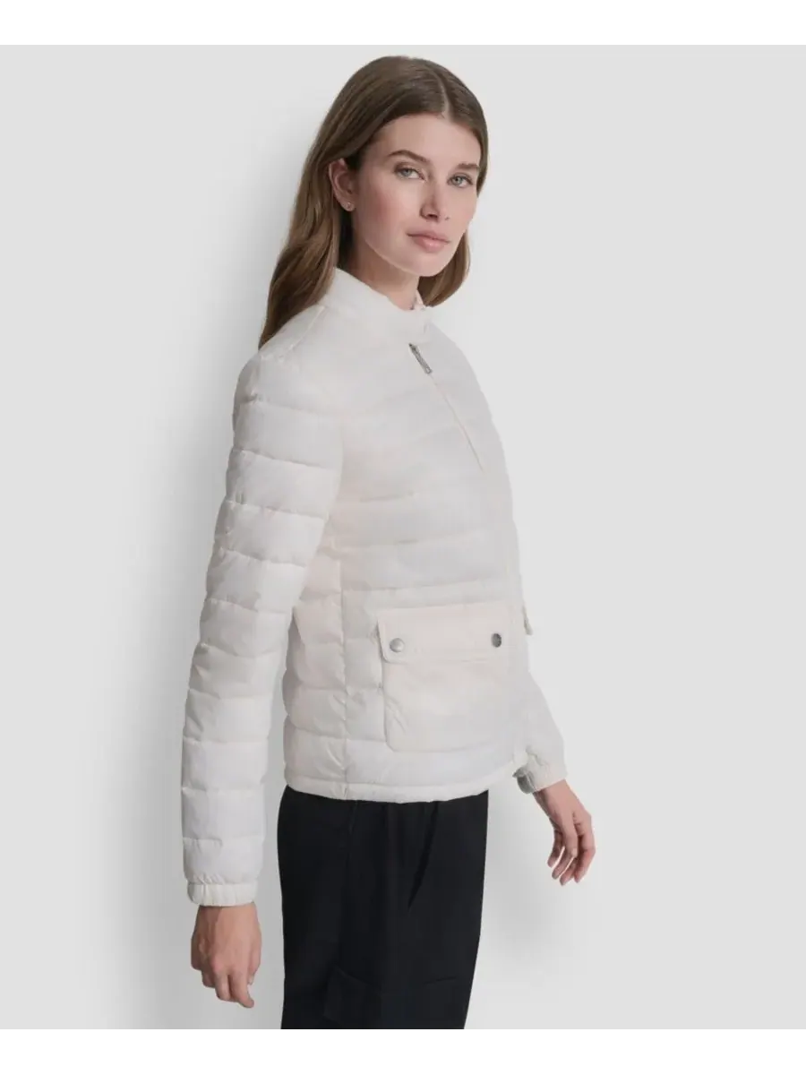Женское короткое пальто с карманным воротником в стиле мотоциклиста DKNY — изображение 3 из 6, серебристый