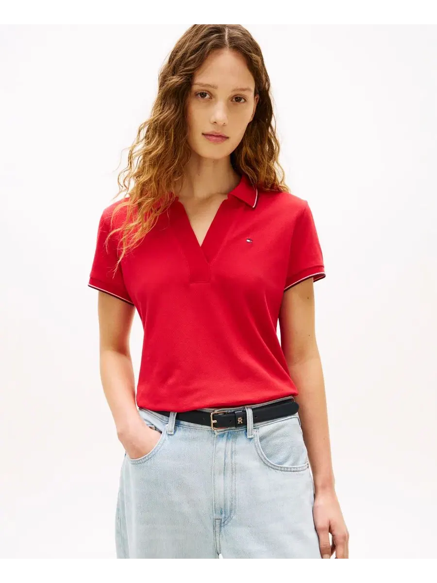 Женская футболка-поло с коротким рукавом и воротником-стойкой Johnny Collar Tommy Hilfiger — изображение 1 из 4, красный