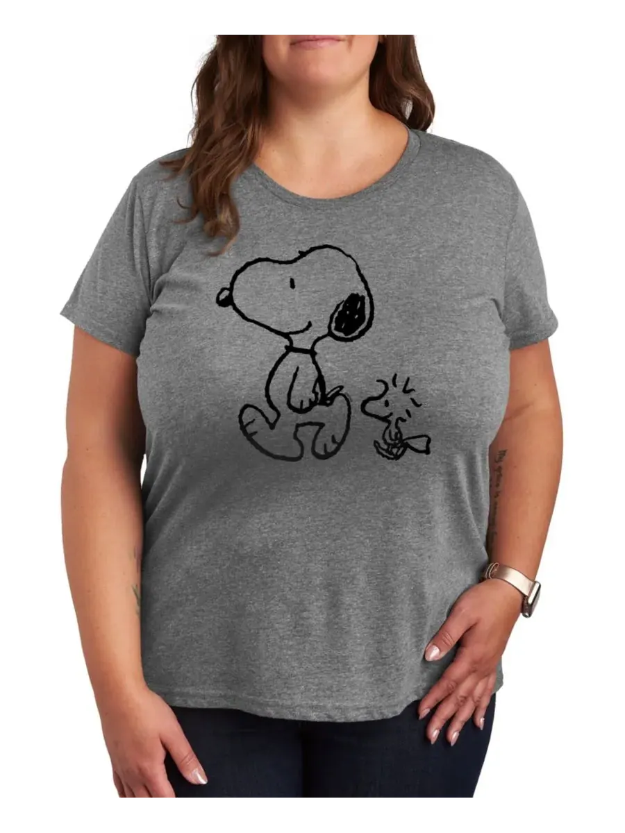 Модная футболка большого размера с графическим принтом "Peanuts Snoopy Woodstock Walk" и круглым — изображение 1 из 3, серый