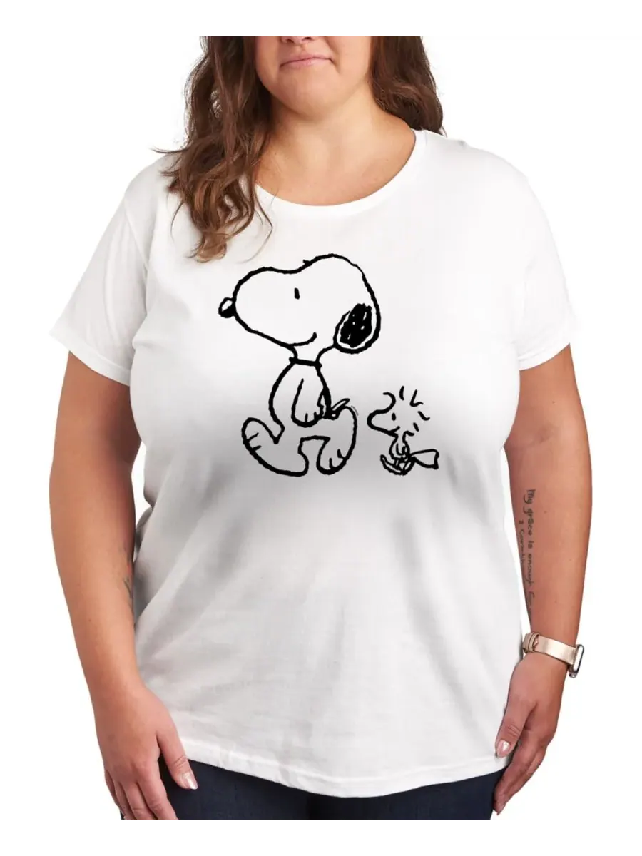Модная футболка большого размера с графическим принтом "Peanuts Snoopy Woodstock Walk" и круглым — изображение 1 из 3, белый