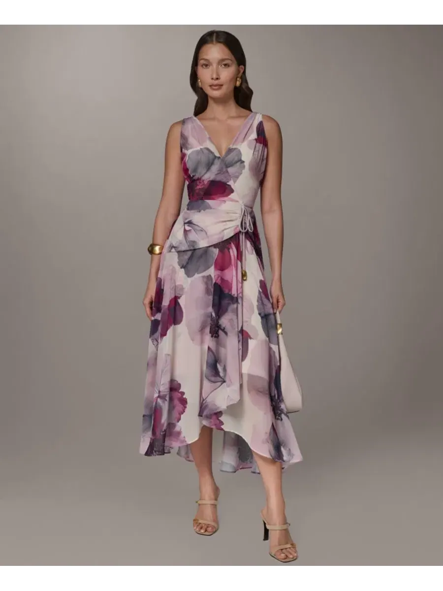 Платье-трапеция без рукавов с принтом Petite Printed V-Neck High-Low Donna Karan New York — мульти