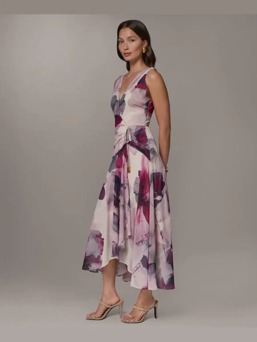 Платье-трапеция без рукавов с принтом Petite Printed V-Neck High-Low Donna Karan New York — изображение 2 из 6, мульти