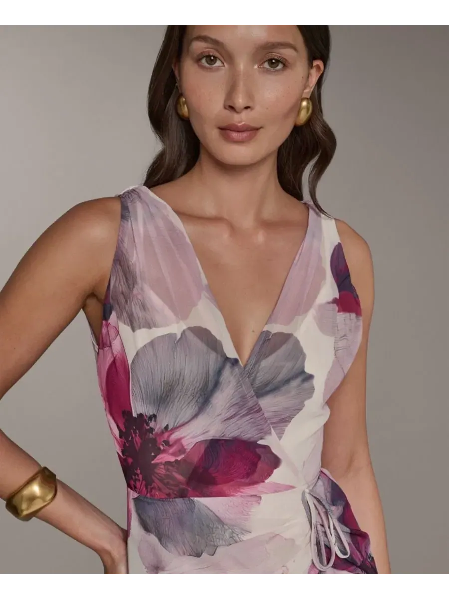 Платье-трапеция без рукавов с принтом Petite Printed V-Neck High-Low Donna Karan New York — изображение 3 из 6, мульти