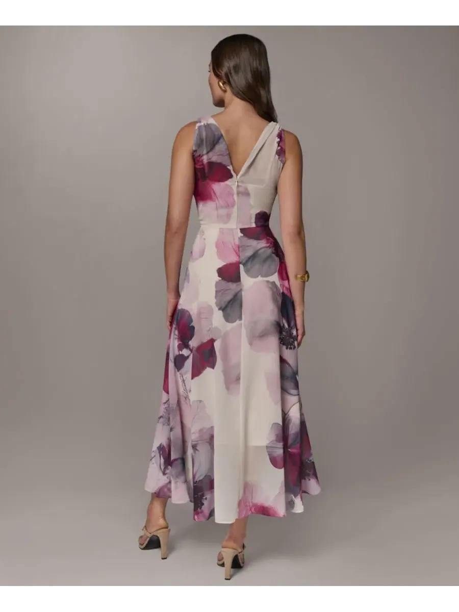 Платье-трапеция без рукавов с принтом Petite Printed V-Neck High-Low Donna Karan New York — изображение 4 из 6, мульти