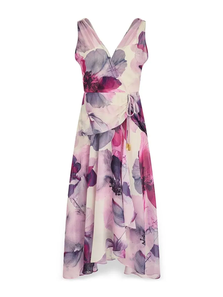 Платье-трапеция без рукавов с принтом Petite Printed V-Neck High-Low Donna Karan New York — изображение 6 из 6, мульти