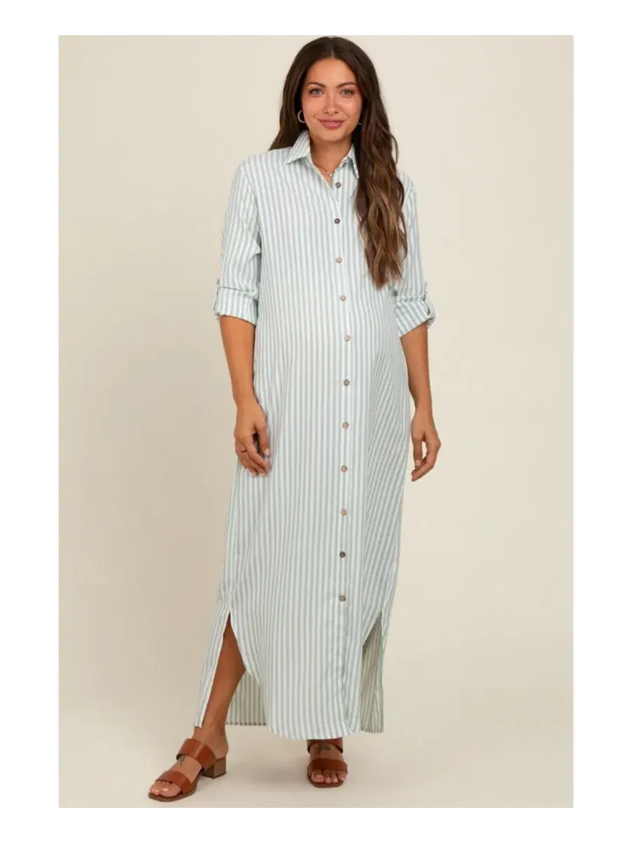 Платье-макси с принтом в полоску, с длинным рукавом, Striped Button Down Maternity Maxi Dress