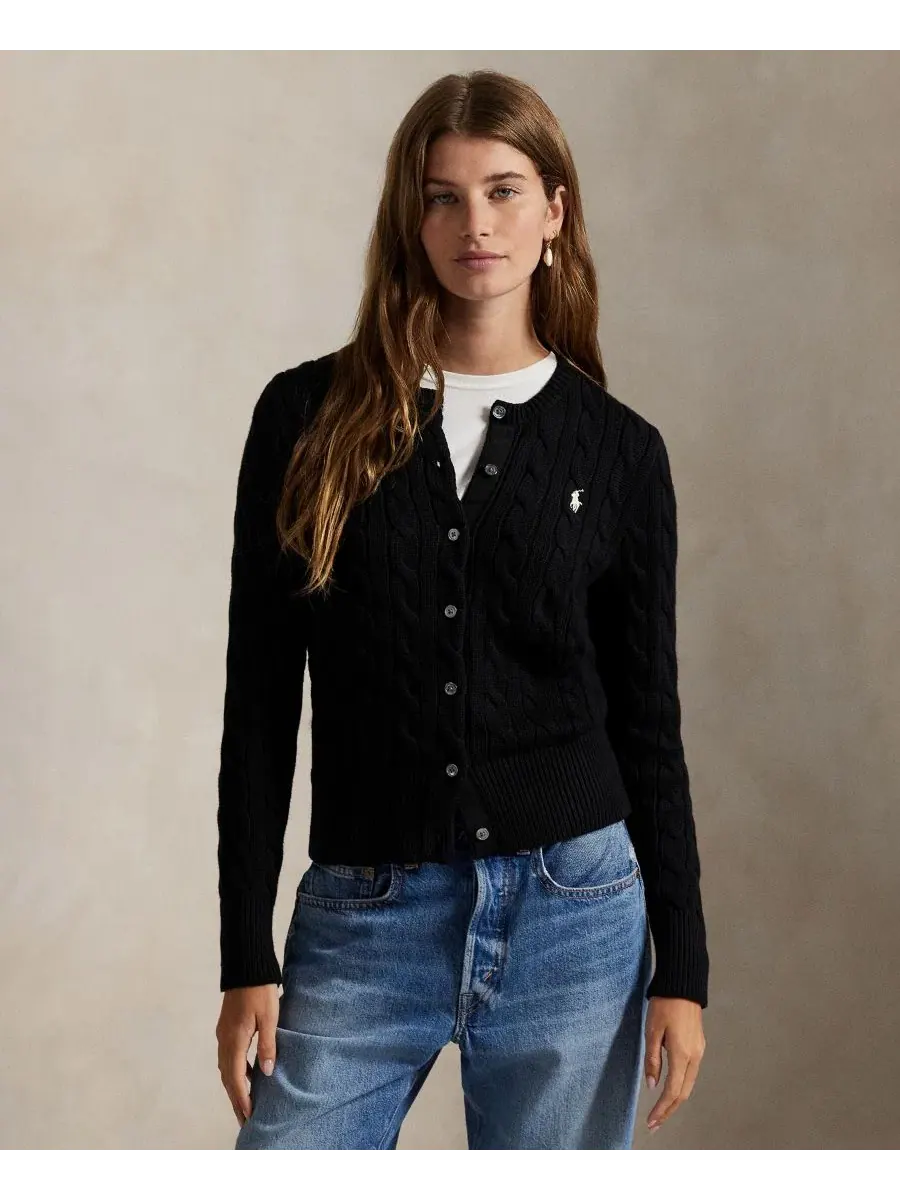 Кардиган с воротником-хомутом из хлопка с косами Polo Ralph Lauren — изображение 1 из 19, черный