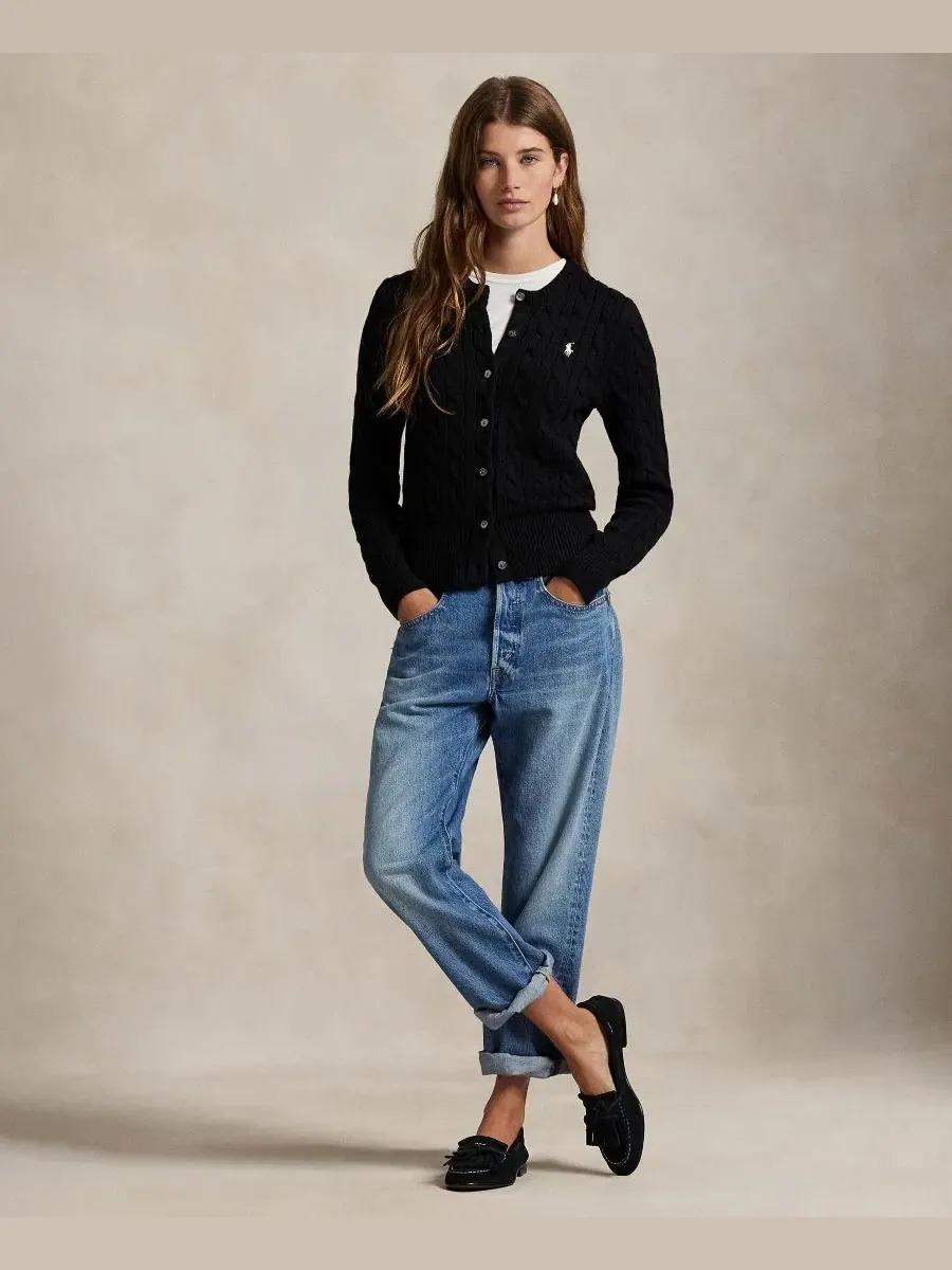 Кардиган с воротником-хомутом из хлопка с косами Polo Ralph Lauren — изображение 2 из 19, черный