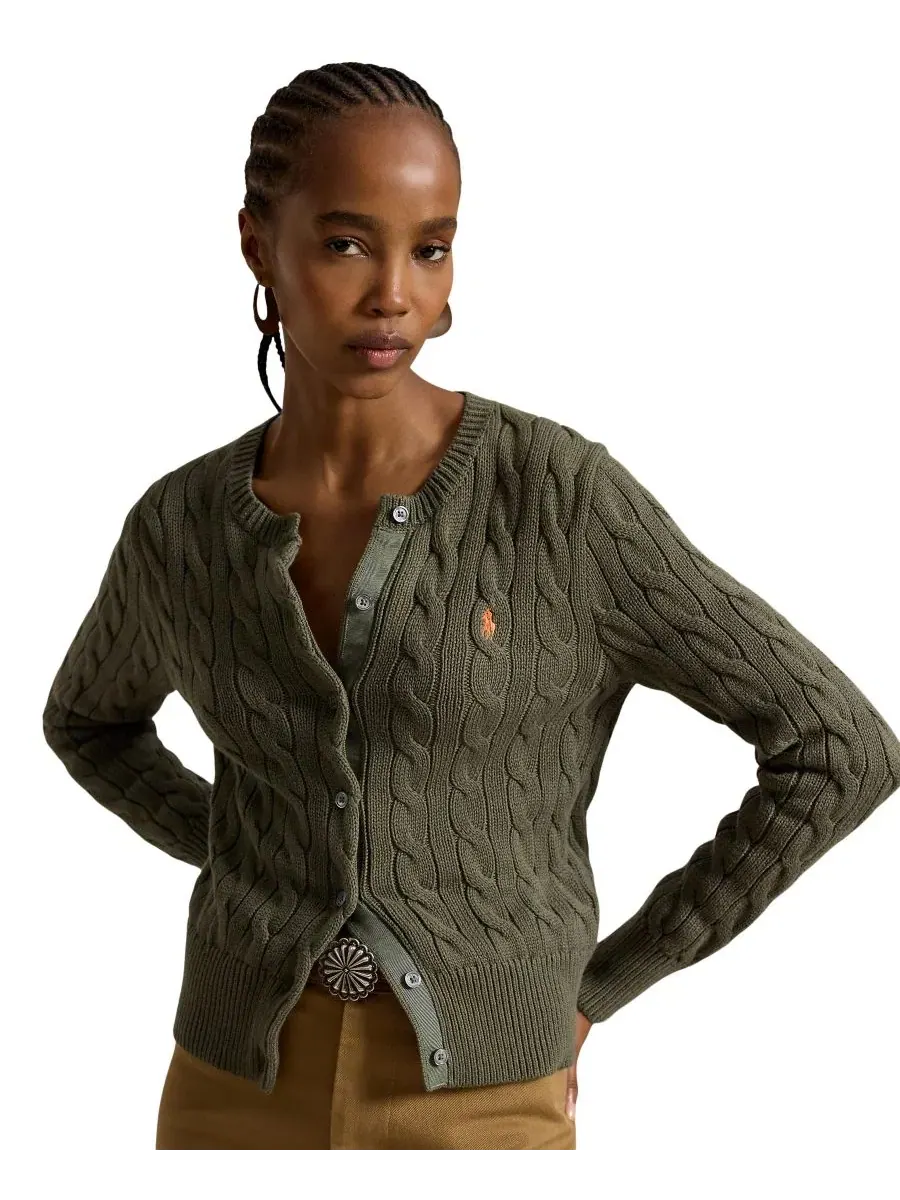 Женский кардиган с воротником-хомутом, косая вязка, хлопок Polo Ralph Lauren — изображение 1 из 19, оливковый