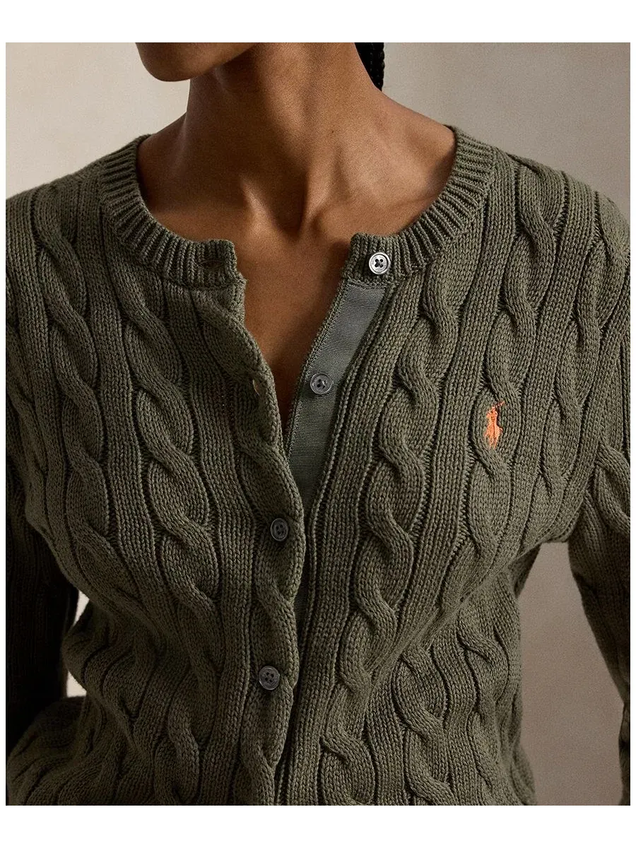 Женский кардиган с воротником-хомутом, косая вязка, хлопок Polo Ralph Lauren — изображение 2 из 19, оливковый