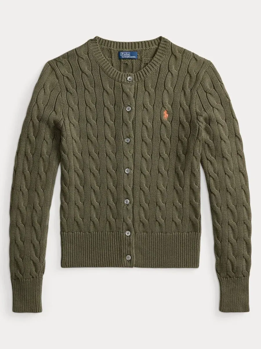 Женский кардиган с воротником-хомутом, косая вязка, хлопок Polo Ralph Lauren — изображение 5 из 19, оливковый