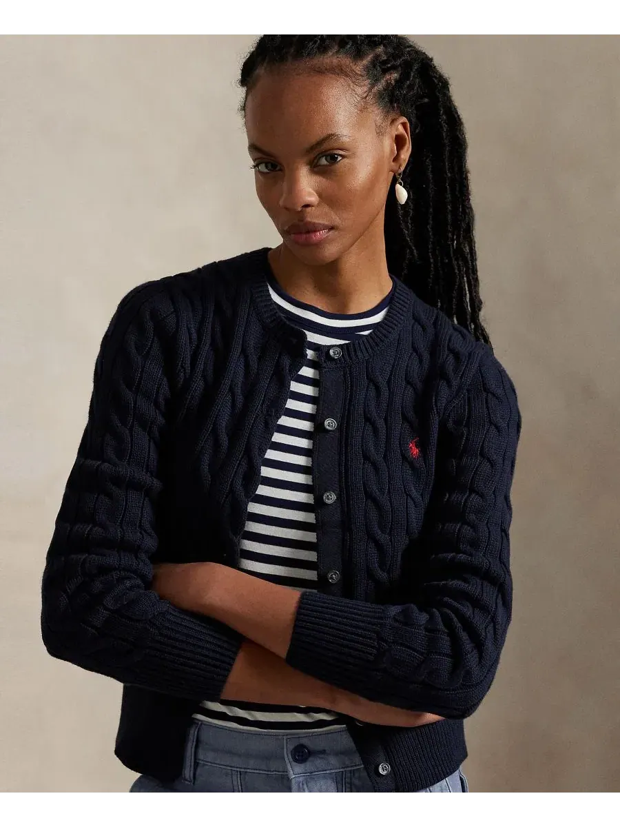 Кардиган женский с воротником-поло, хлопковый Polo Ralph Lauren — изображение 7 из 19, темно-синий