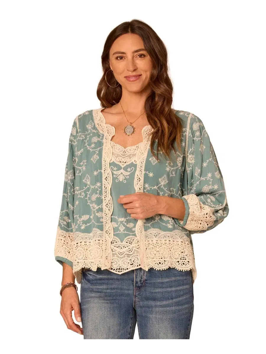 Жакет с вышивкой и кружевной отделкой Petite Crochet Framing Cropped Open-Front Jacket Democracy — голубой