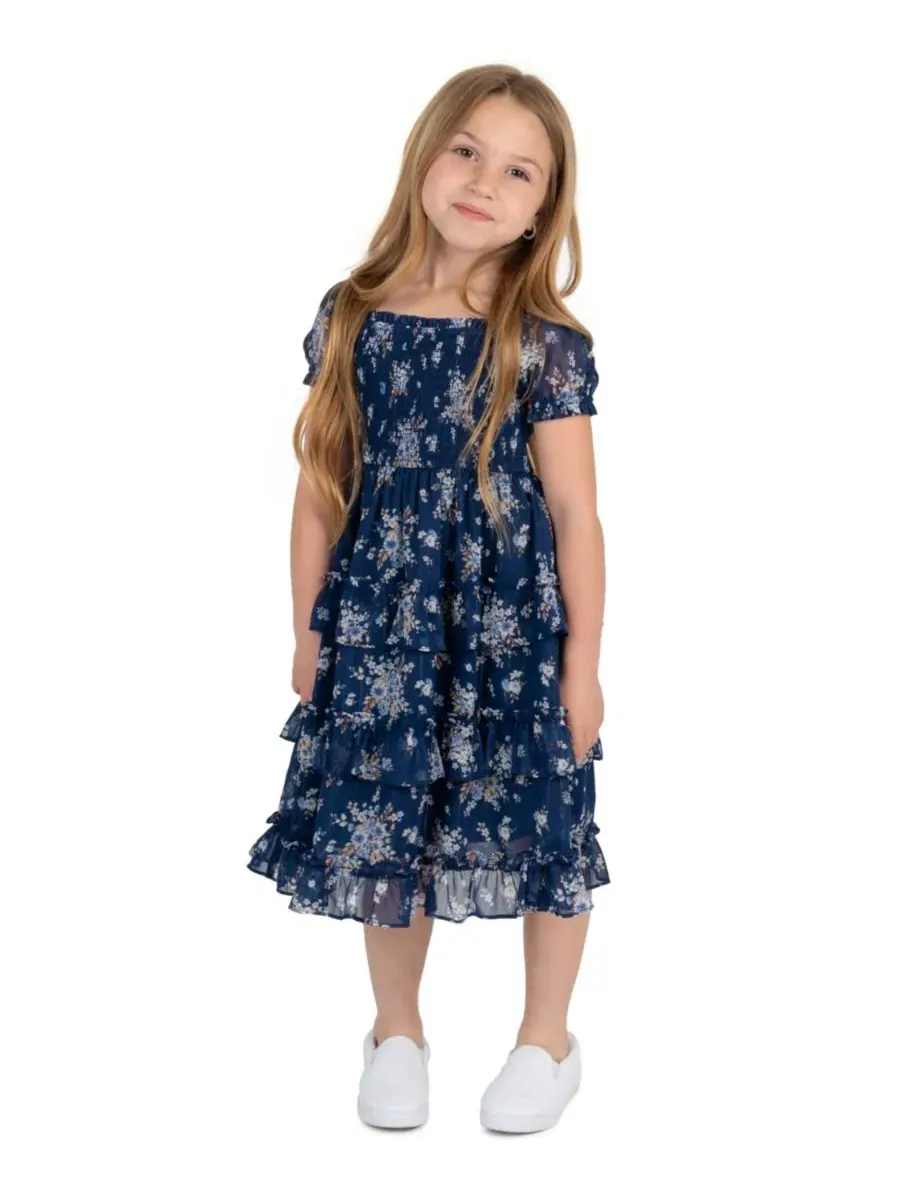 Платье миди с принтом, с пышными рукавами, модель Printed Lurex Chiffon Puff Sleeve Tiered Midi — синий