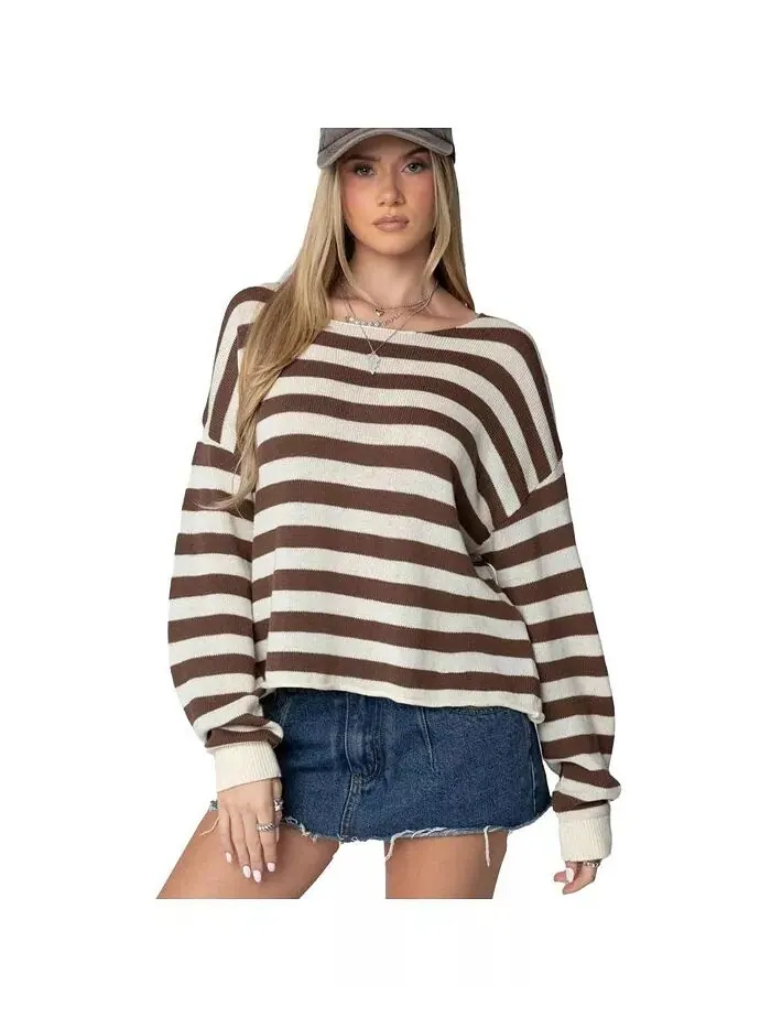 Женский свитер Anney oversize в полоску Edikted — изображение 1 из 3, коричневый--кремовый