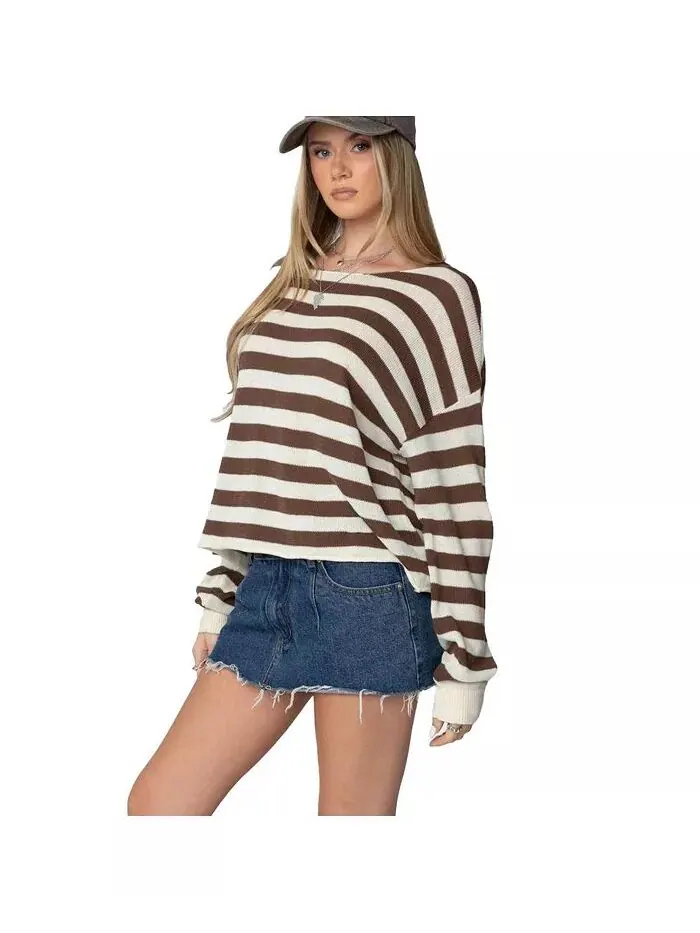 Женский свитер Anney oversize в полоску Edikted — изображение 2 из 3, коричневый--кремовый