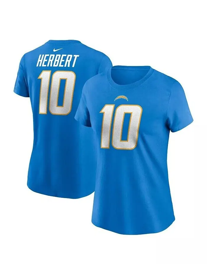 Женская футболка Justin Herbert Powder Blue Los Angeles Chargers с именем и номером игрока Nike — изображение 1 из 3, синий