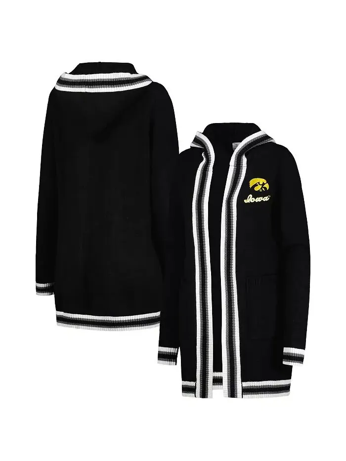 Женский черный свитер-кардиган с капюшоном Iowa Hawkeyes One More Round Tri-Blend Striped Gameday