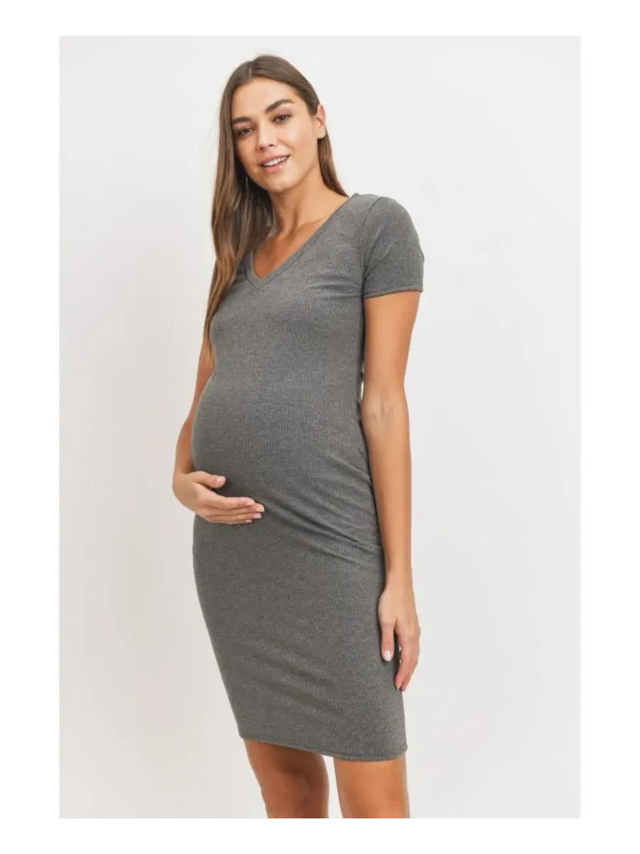 Платье для беременных с V-образным вырезом и коротким рукавом, модель Ribbed Bodycon Hello Miz — изображение 2 из 4