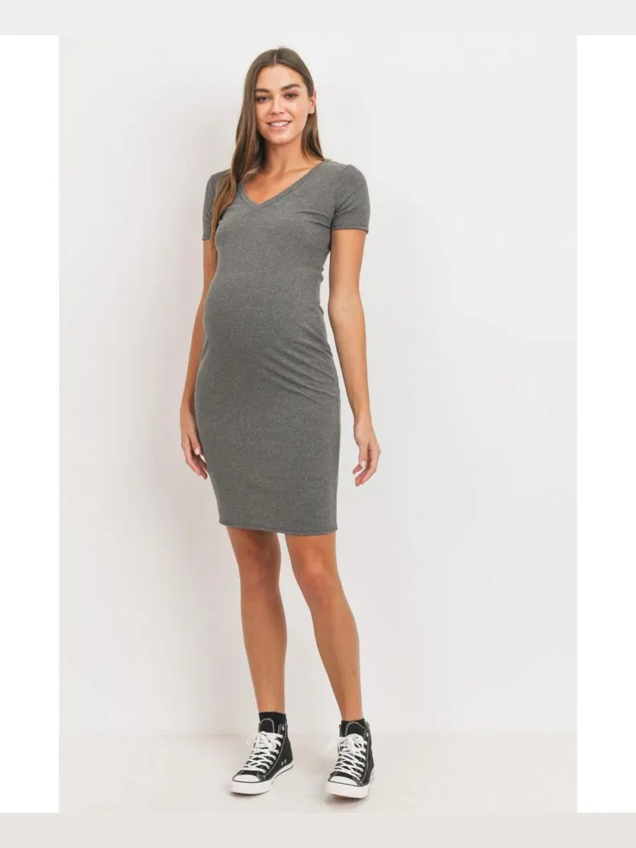 Платье для беременных с V-образным вырезом и коротким рукавом, модель Ribbed Bodycon Hello Miz — изображение 4 из 4