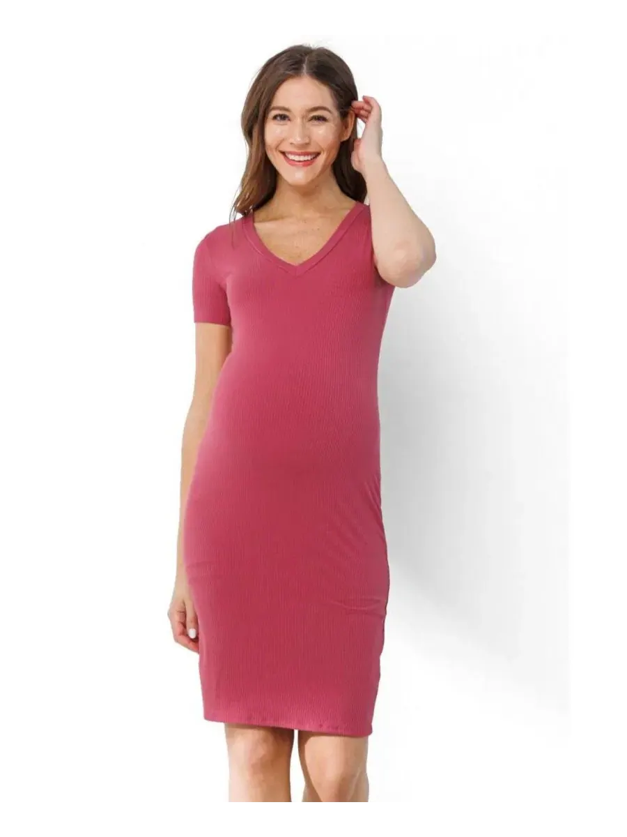 Платье для беременных с V-образным вырезом и коротким рукавом Ribbed Bodycon Midi Hello Miz, Berrice — изображение 1 из 5