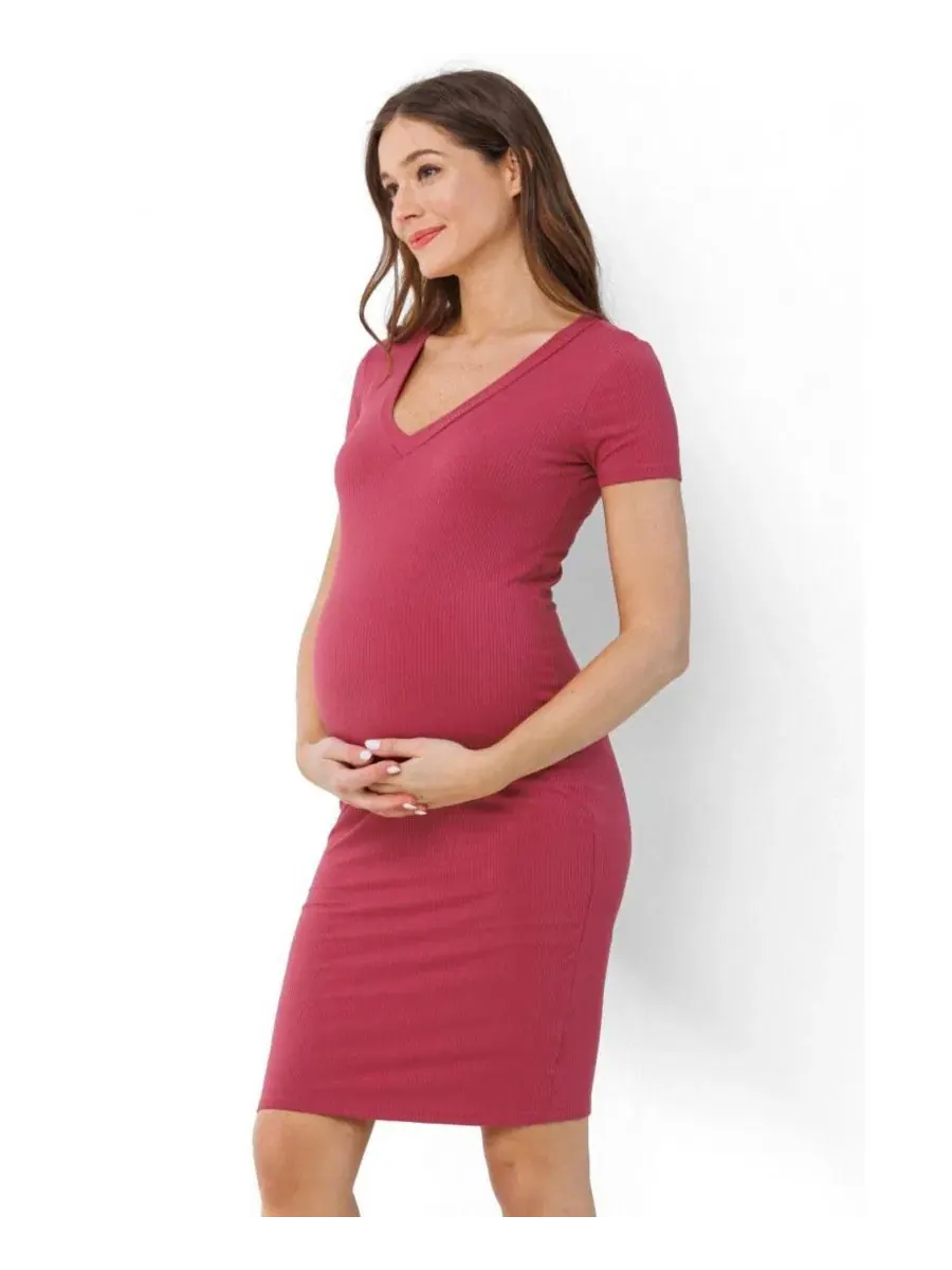 Платье для беременных с V-образным вырезом и коротким рукавом Ribbed Bodycon Midi Hello Miz, Berrice — изображение 2 из 5