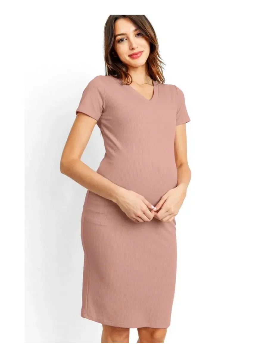 Платье для беременных с V-образным вырезом и коротким рукавом, модель Ribbed Bodycon Hello Miz — изображение 1 из 3, сирень