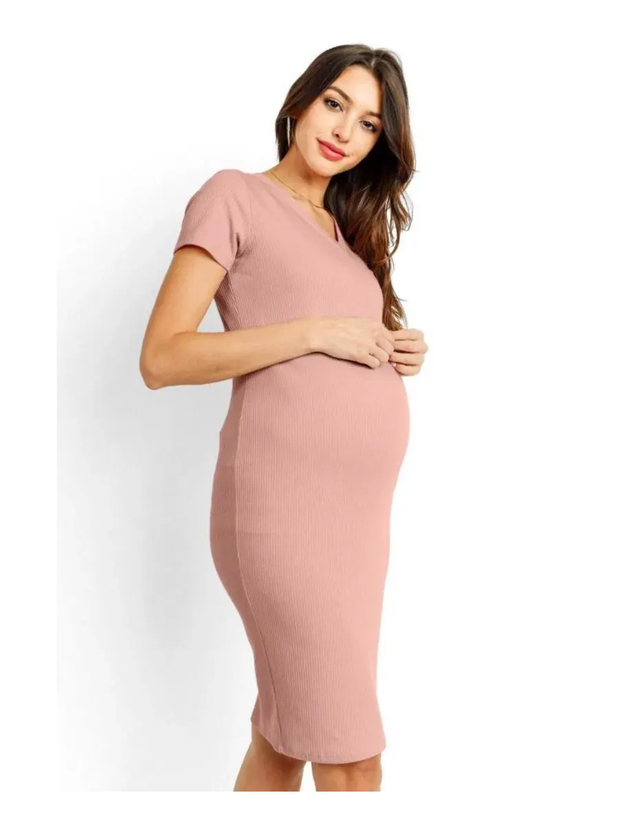 Платье для беременных с V-образным вырезом и коротким рукавом, модель Ribbed Bodycon Hello Miz — изображение 2 из 3, сирень