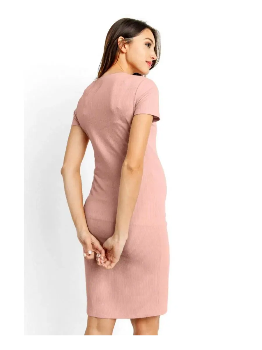 Платье для беременных с V-образным вырезом и коротким рукавом, модель Ribbed Bodycon Hello Miz — изображение 3 из 3, сирень