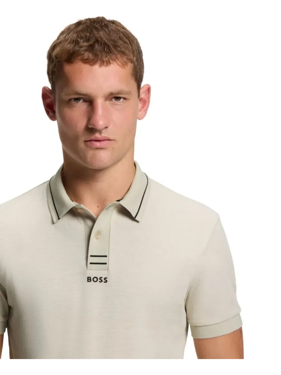 Мужская хлопковая рубашка-поло пике приталенного кроя Hugo Boss — изображение 5 из 5, бежевый
