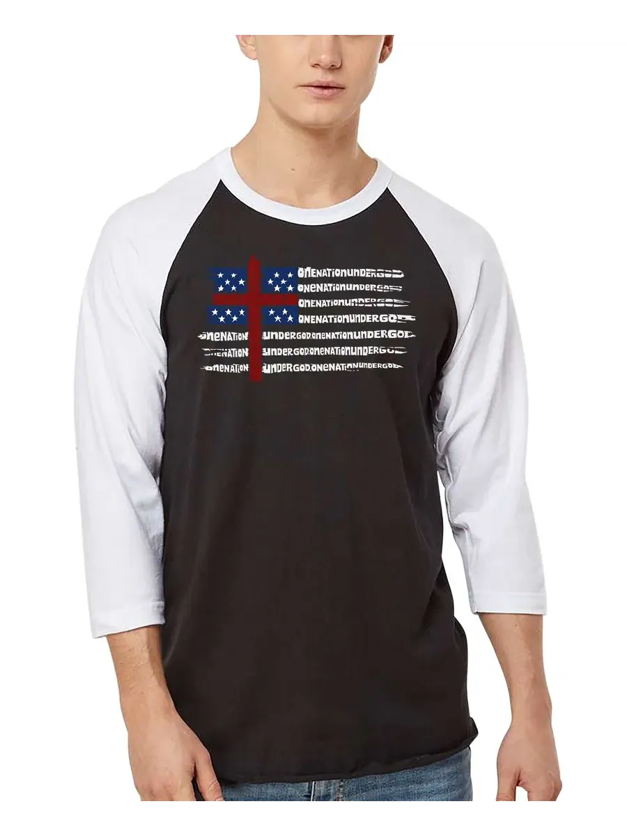 Футболка с реглан-рукавом и принтом One Nation Under God American Flag Cross LA Pop Art — изображение 1 из 4, черный/белый