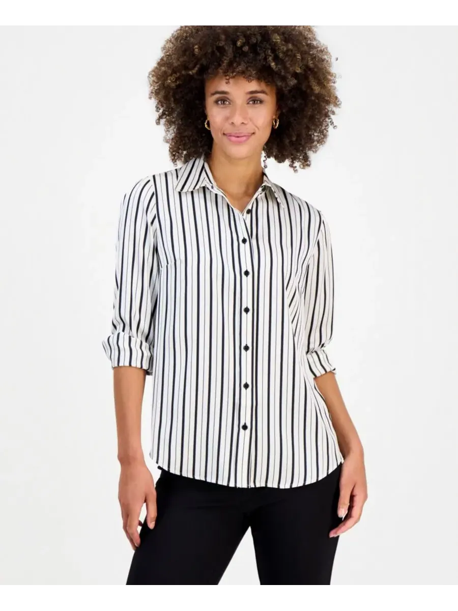 Блузка с длинным рукавом и воротником Petite Collared Button-Front Long-Sleeve Blouse Kasper — изображение 2 из 4, черный