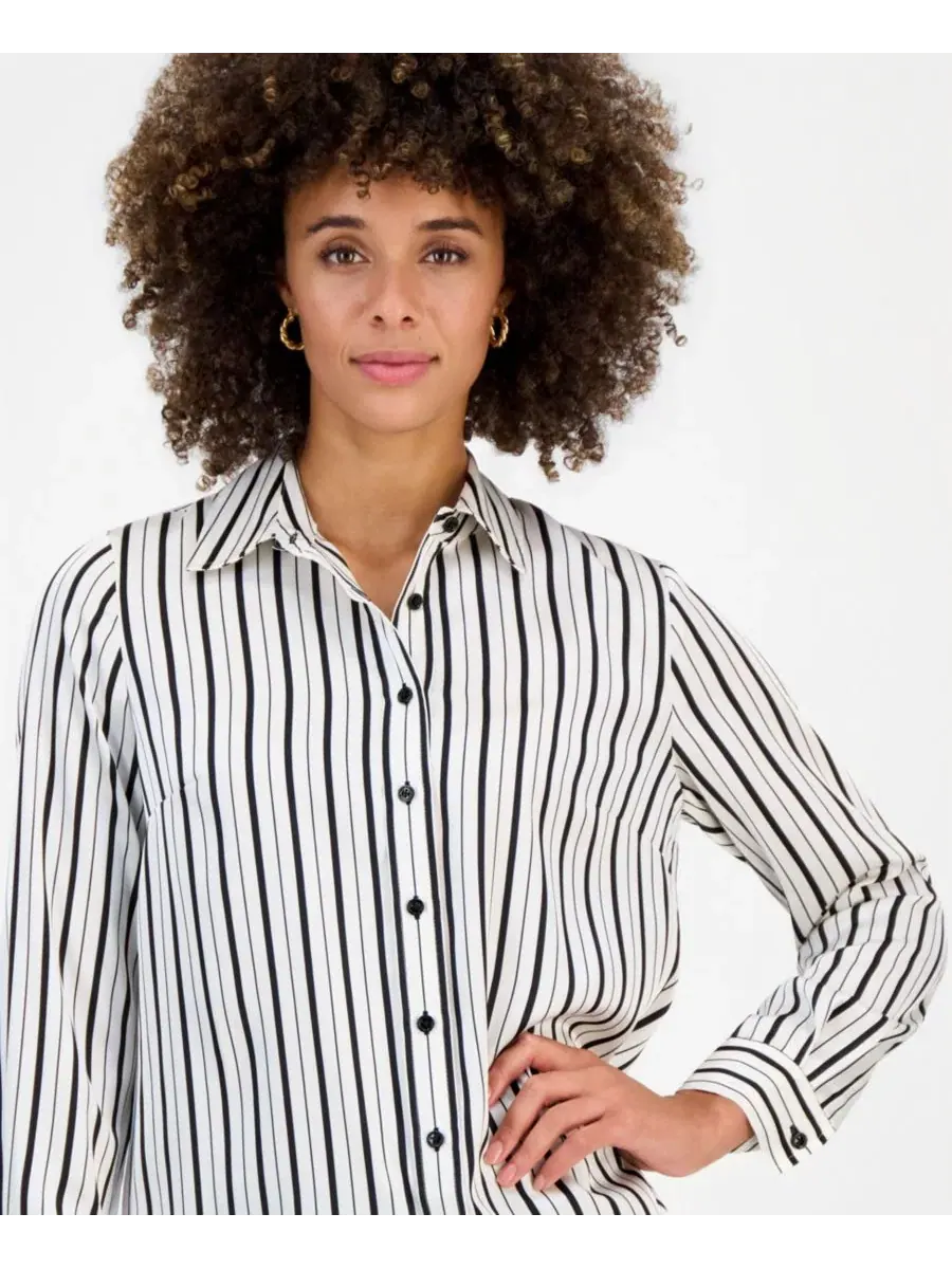 Блузка с длинным рукавом и воротником Petite Collared Button-Front Long-Sleeve Blouse Kasper — изображение 3 из 4, черный
